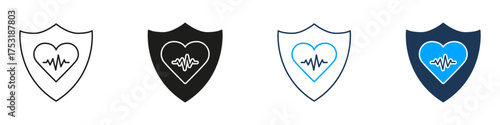 Heart With Shield And Heartbeat Line And Solid Icon Set. Health Protection, Cardiovascular Safety, Medical Security Symbol Collection. Healthcare And Wellness. Isolated Vector Illustration