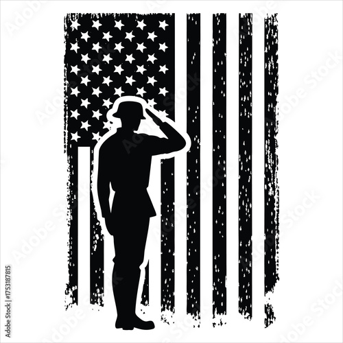 Patriotic black and white vector silhouette of a soldier saluting in front of the distressed American flag. Perfect for Memorial Day, Veterans Day, Independence Day, and military tribute designs. Idea