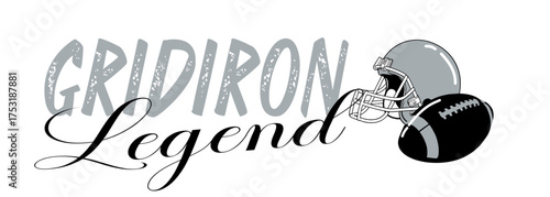 Gridiron Legend football design with ball and helmet  in  silver and black . Bold artwork for sports apparel, team branding, fan merchandise and promotion
