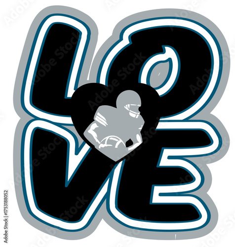 LOVE lettering featuring a footballhelmet as the “O”, in silver and black tones. A bold, urban style perfect for sports-inspired street art and graffiti.