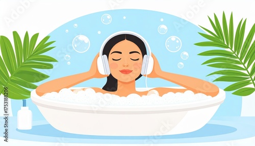 Woman s relaxing bath serene music with headphones enjoying peaceful moment woman unwinds with music in soothing bath