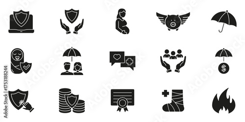 Insurance And Protection Silhouette Icon Set. Security, Financial Safety, And Health Coverage Symbol Collection. Diverse Protection Concepts. Isolated Vector Illustration