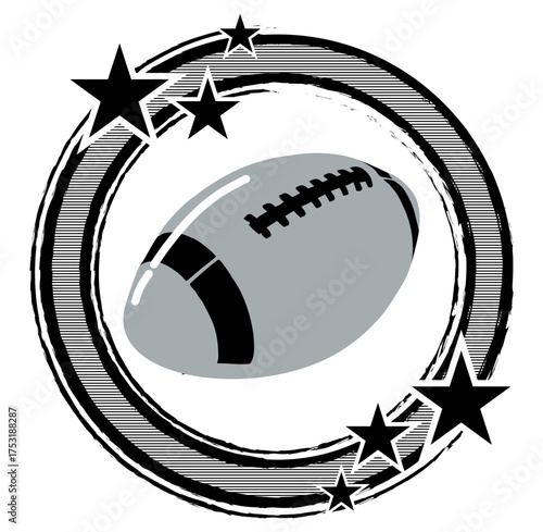 Round sport frame in  silver and black tones, featuring dynamic star accents and a classic football motif. Vector graphic ideal for athletic-themed designs, vintage posters, or team branding.