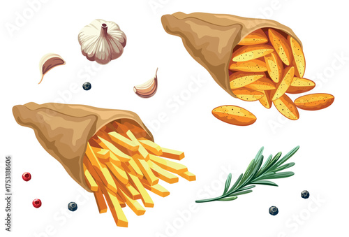 A set of French fries and crispy fries in paper bags. Vector illustration