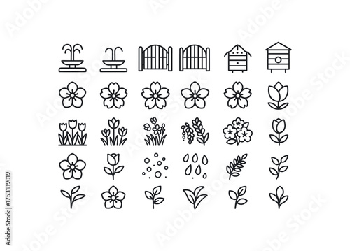 of vector outline icons. outline stroke user interface icons style on clean white background Spring (blossoms) fountain on fountain off gate open gate closed hive active hive inactive