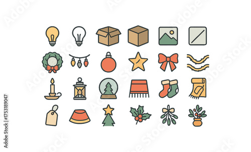 of vector colored flat icons. outline stroke user interface simple colored icons style Winter (festive decor) light on light off box open box closed scene active scene inactive pine wreath