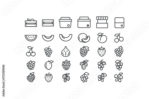 of vector outline icons. outline stroke user interface icons style on clean white background Summer (fruits) crate open crate closed cooler on cooler off stall active stall inactive