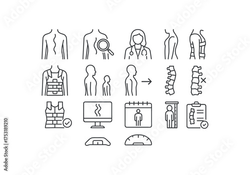 vector icon line scoliosis screening and brace 16 items isolated on white background
