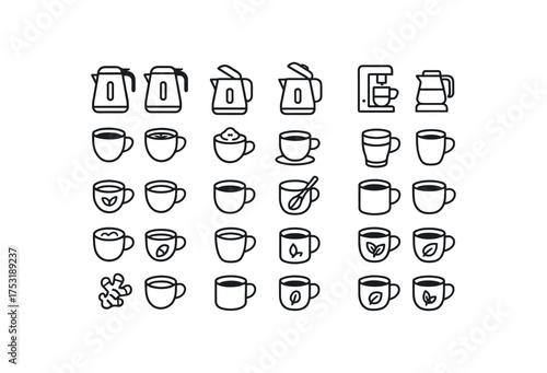of vector outline icons. outline stroke user interface icons style on clean white background Beverages (hot drinks) kettle on kettle off lid open lid closed brewer active brewer inactive