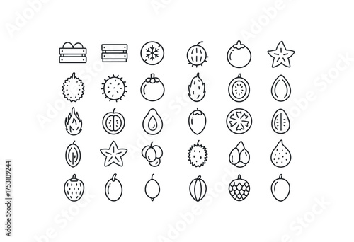 of vector outline icons. outline stroke user interface icons style on clean white background Fruits (exotic) crate open crate closed chill on chill off ripen active ripen inactive durian