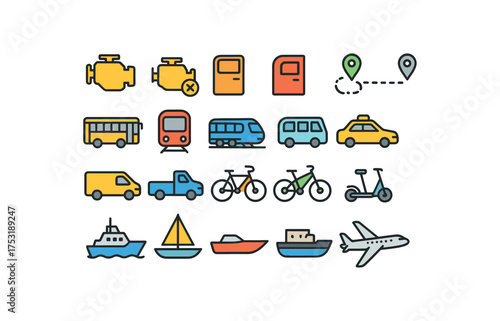 of vector colored flat icons. outline stroke user interface simple colored icons style Travel (transport) engine on engine off door open door closed route active route inactive city bus