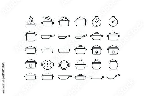 of vector outline icons. outline stroke user interface icons style on clean white background Kitchen Tools (cookware) burner on burner off lid open lid closed timer active timer inactive