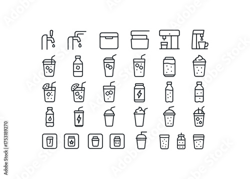 of vector outline icons. outline stroke user interface icons style on clean white background Beverages (cold drinks) tap on tap off cooler open cooler closed machine active machine inactive