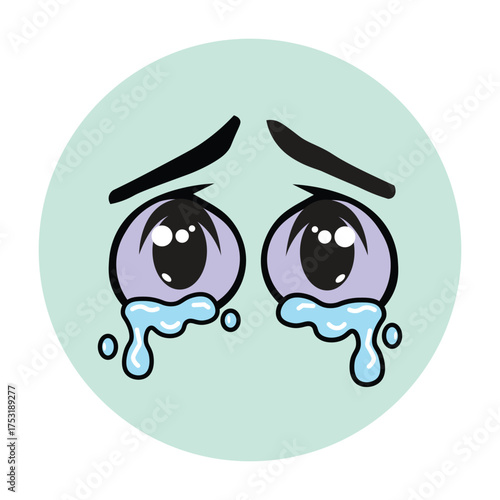 Cartoon eyes expressing sadness and tears on a light blue circular background vector illustration