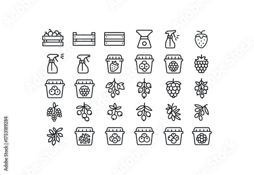 of vector outline icons. outline stroke user interface icons style on clean white background Fruits (berries) crate open crate closed sorter active sorter inactive sprayer on sprayer off