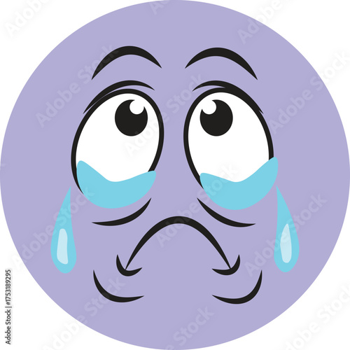 Sad emoji with tears, conveying disappointment and emotional expression on purple background