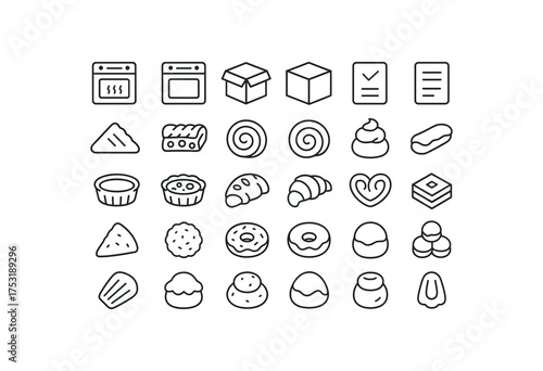 of vector outline icons. outline stroke user interface icons style on clean white background Baking (pastries) oven on oven off box open box closed order active order inactive turnover