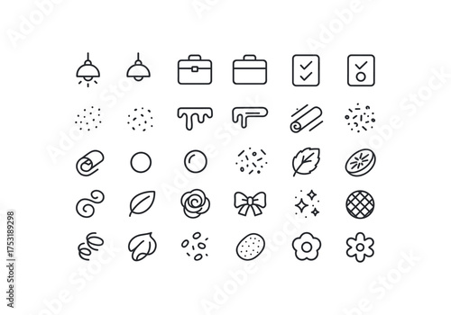 of vector outline icons. outline stroke user interface icons style on clean white background Baking (decor) lamp on lamp off case open case closed order active order inactive sugar dust