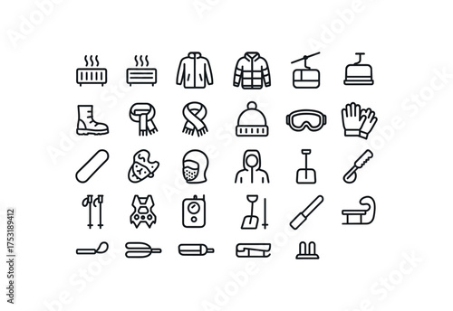of vector outline icons. outline stroke user interface icons style on clean white background Winter (outdoor gear) heater on heater off jacket open jacket closed lift active lift inactive