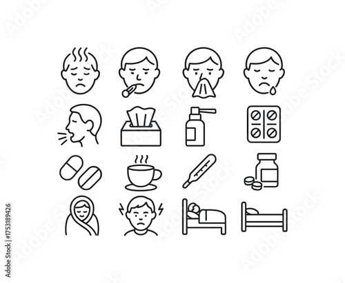 vector icon line flu symptoms and rest care 16 items isolated on white background