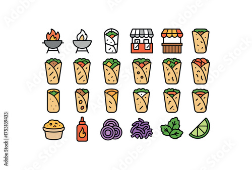 of vector colored flat icons. outline stroke user interface simple colored icons style Street Food (wraps) grill on grill off foil open foil closed stall active stall inactive chicken wrap