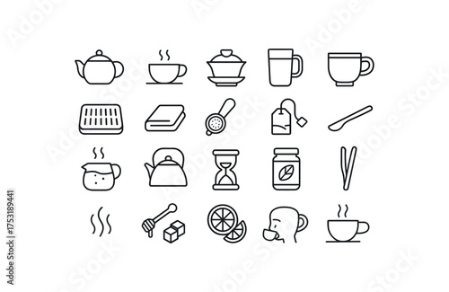 of vector outline icons. outline stroke user interface icons style on clean white background Herbal Teas (Serving) teapot warm tea cup gaiwan set glass mug clay mug tea tray tea cloth tea