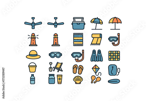 of vector colored flat icons. outline stroke user interface simple colored icons style Summer (beach kit) fan on fan off cooler open cooler closed beacon active beacon inactive beach towel