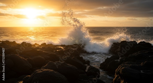 Sunset over the ocean waves crashing on rocky shore natural coastal landscape with golden sunlight horizon