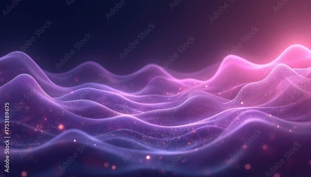 Obraz premium Abstract background with glowing purple waves, shining particles. Futuristic digital art visualizes data streams soundwaves energy flow. Modern wallpaper for science technology presentation website.
