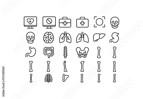 of vector outline icons. outline stroke user interface icons style on clean white background Healthcare (anatomy) screen on screen off case open case closed scan active scan inactive skull