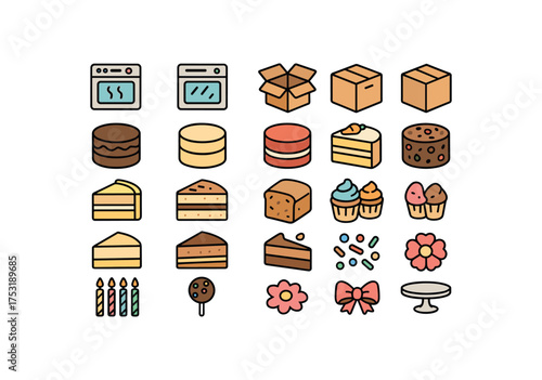 of vector colored flat icons. outline stroke user interface simple colored icons style Desserts (cakes) oven on oven off box open box closed order active order inactive chocolate cake