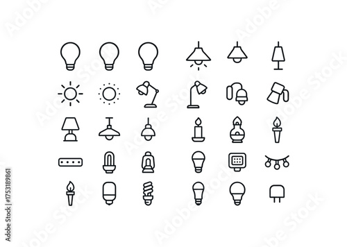 of vector outline icons. outline stroke user interface icons style on clean white background Products (lighting) lamp on lamp off shade open shade closed glow active glow inactive desk lamp