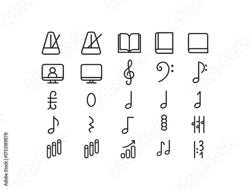 of vector outline icons. outline stroke user interface icons style on clean white background Music (theory) metronome on metronome off book open book closed lesson active lesson inactive