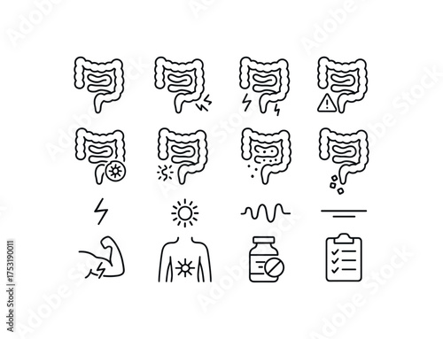 vector icon line small intestine cramps and malabsorption 16 items isolated on white background