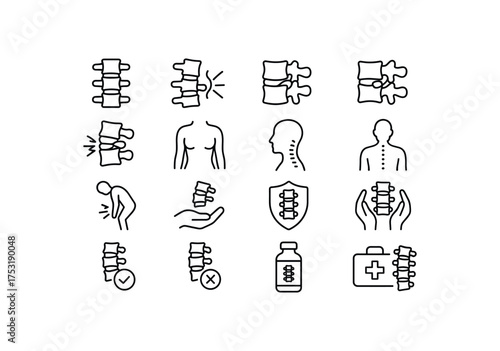 vector icon line herniated disc and spine care 16 items isolated on white background