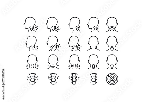 vector icon line neck pain and cervical strain 16 items isolated on white background. vector icon line sciatica and nerve pain 16 items isolated on white background
