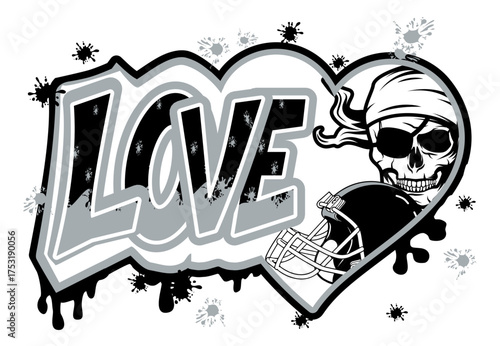 Graffiti lettering LOVE with skull with pirate bandana, heart and helmet in  silver and black tones. Dynamic street art vector design, bold sports illustration, urban typography for modern style