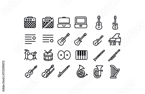 of vector outline icons. outline stroke user interface icons style on clean white background Music (instruments) amp on amp off case open case closed track active track inactive acoustic