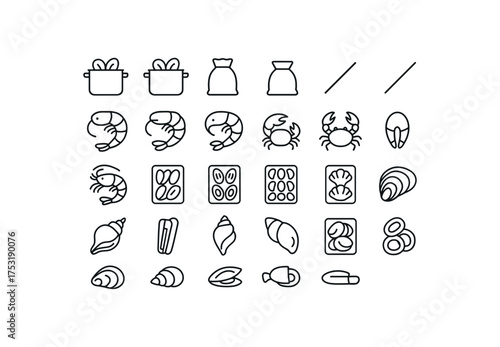 of vector outline icons. outline stroke user interface icons style on clean white background Seafood (shellfish) pot on pot off bag open bag closed line active line inactive shrimp raw