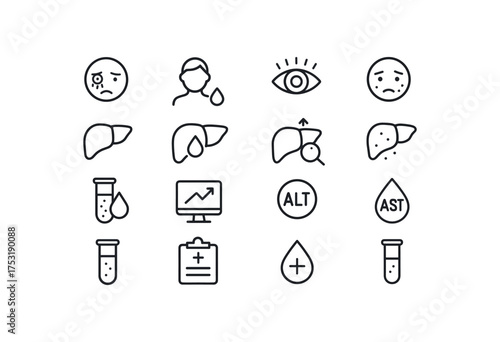 vector icon line jaundice and liver enzymes 16 items isolated on white background
