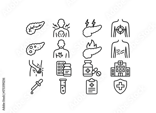 vector icon line pancreatitis and pancreatic pain 16 items isolated on white background