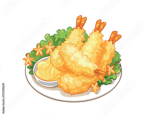 Delicious gourmet fried shrimp appetizer with dipping sauce on a white plate