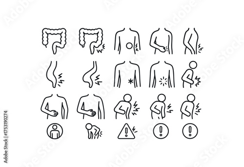 vector icon line appendicitis right lower pain 16 items isolated on white background