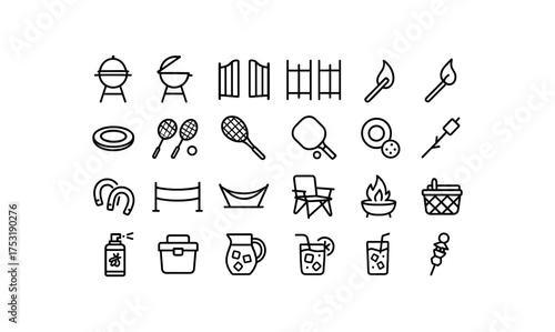 of vector outline icons. outline stroke user interface icons style on clean white background Summer (outdoor fun) grill on grill off gate open gate closed match active match inactive