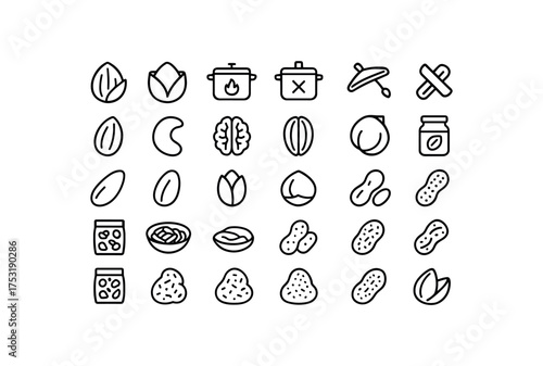 of vector outline icons. outline stroke user interface icons style on clean white background Food (nuts) open closed roaster on roaster off mix active mix inactive almond nut cashew nut
