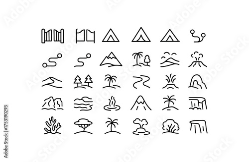 of vector outline icons. outline stroke user interface icons style on clean white background Travel (nature) gate open gate closed tent on tent off route active route inactive mountain peak