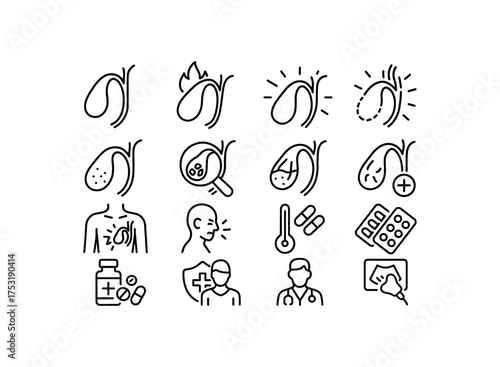vector icon line cholecystitis gallbladder inflammation 16 items isolated on white background