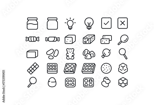 of vector outline icons. outline stroke user interface icons style on clean white background Desserts (sweets) jar open jar closed light on light off order active order inactive caramel