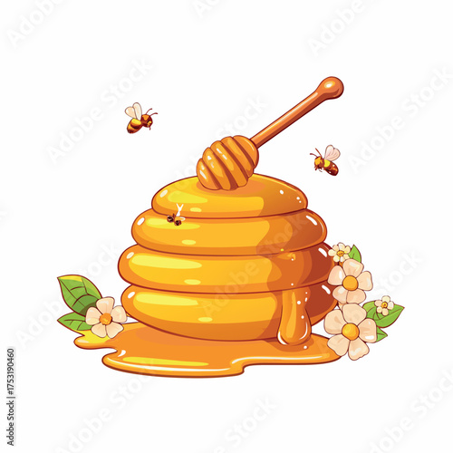 Natural organic golden honey dripping from a wooden dipper isolated on white