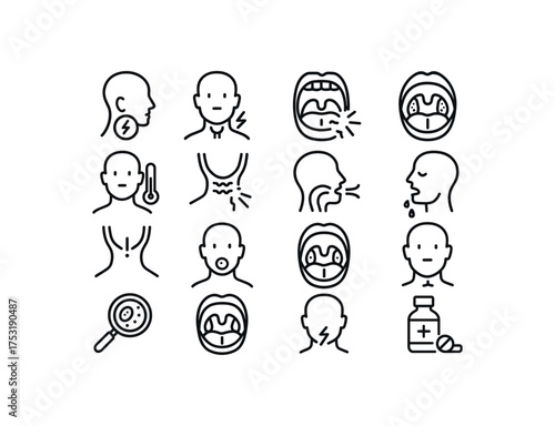 vector icon line sore throat and tonsillitis 16 items isolated on white background